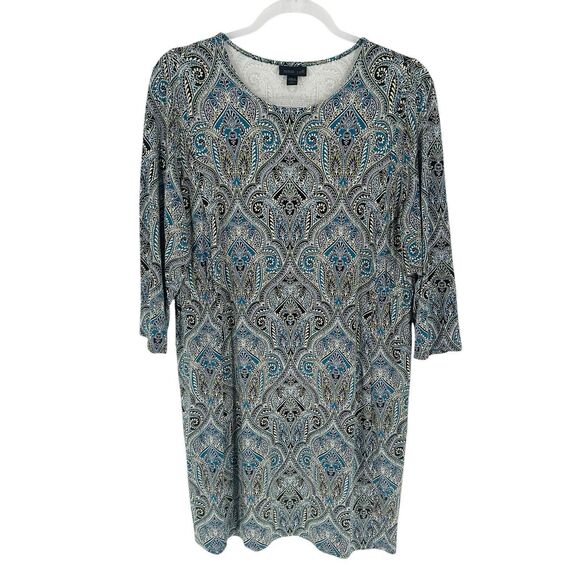 J Jill Wearever Collection Dress Petite Large Blue Paisley Jersey Knit Office - Picture 1 of 13